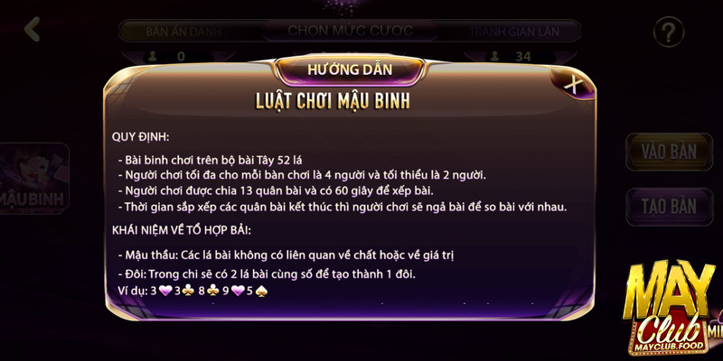 Chơi mậu binh Mayclub nhanh chóng với luật chơi dễ hiểu