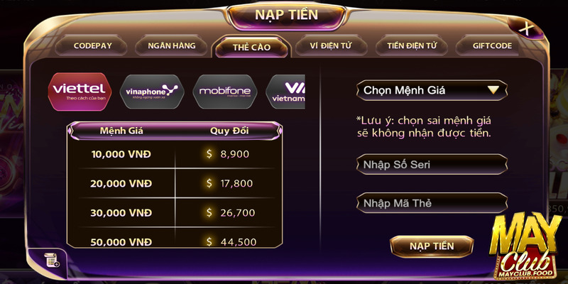 Lưu ý khi thực hiện nạp tiền Mayclub