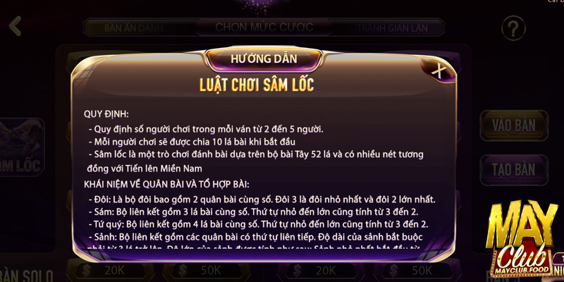 Sâm Mayclub sử dụng bộ bài tây 52 lá, mỗi ván có từ 2 đến 5 người tham gia